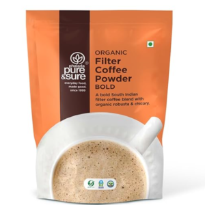 pure & sure organic filter coffee bold 200g | organic robusta blend (95% coffee, 5% chicory)| strong & flavorful| steam sterilized| antioxidant rich| sustainably sourced